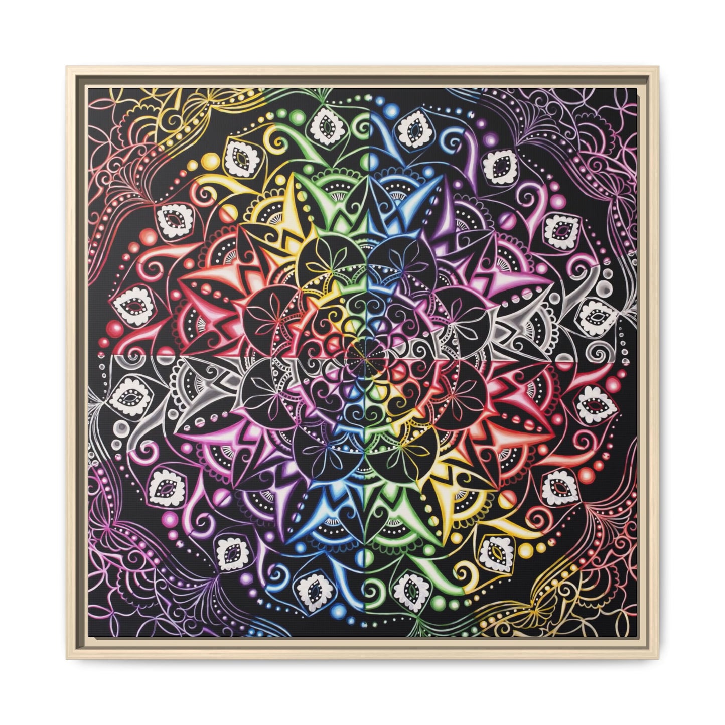 Rainbow Mandala Framed Canvas Art — Psychedelic Boho Wall Decor