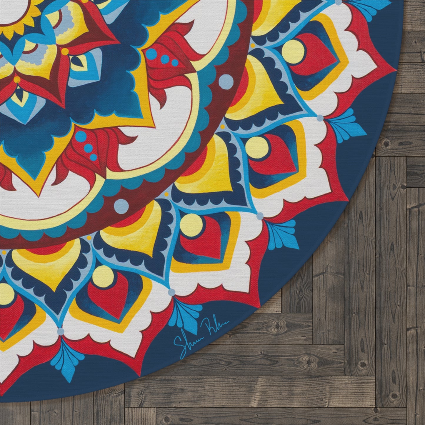 "Azul Morning" Boho Mandala Round Rug – Colorful Meditation Floor Mat