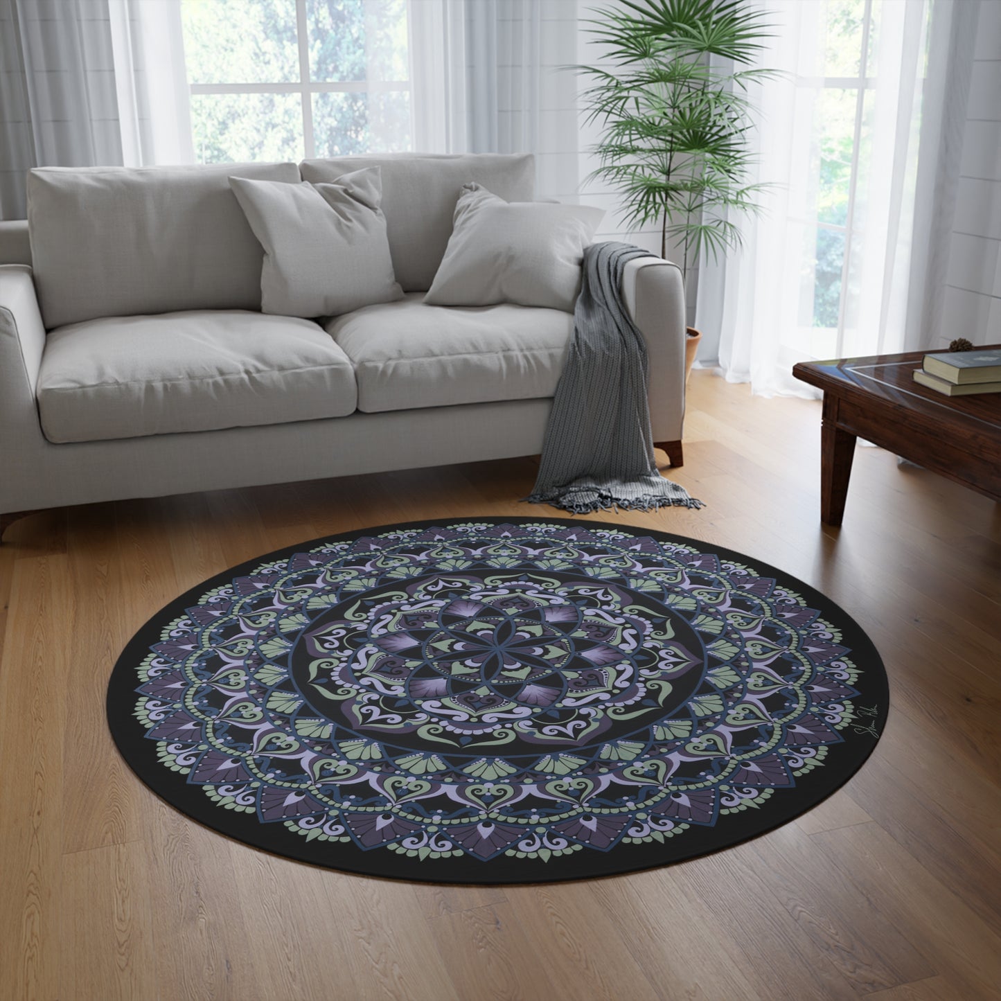 "Wisteria Bloom" Bohemian Mandala Round Rug — Purple Floral Meditation Decor