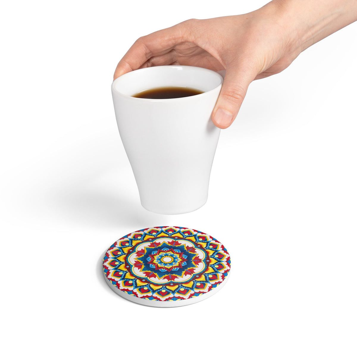 Mandala Ceramic Coaster — Colorful Boho Drink Coaster with Cork Back