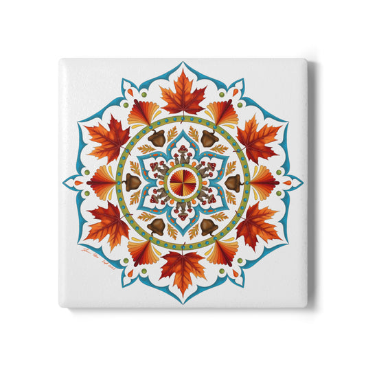 Autumn Mandala Ceramic Coaster — Fall Leaves & Acorns Boho Home Decor Gift