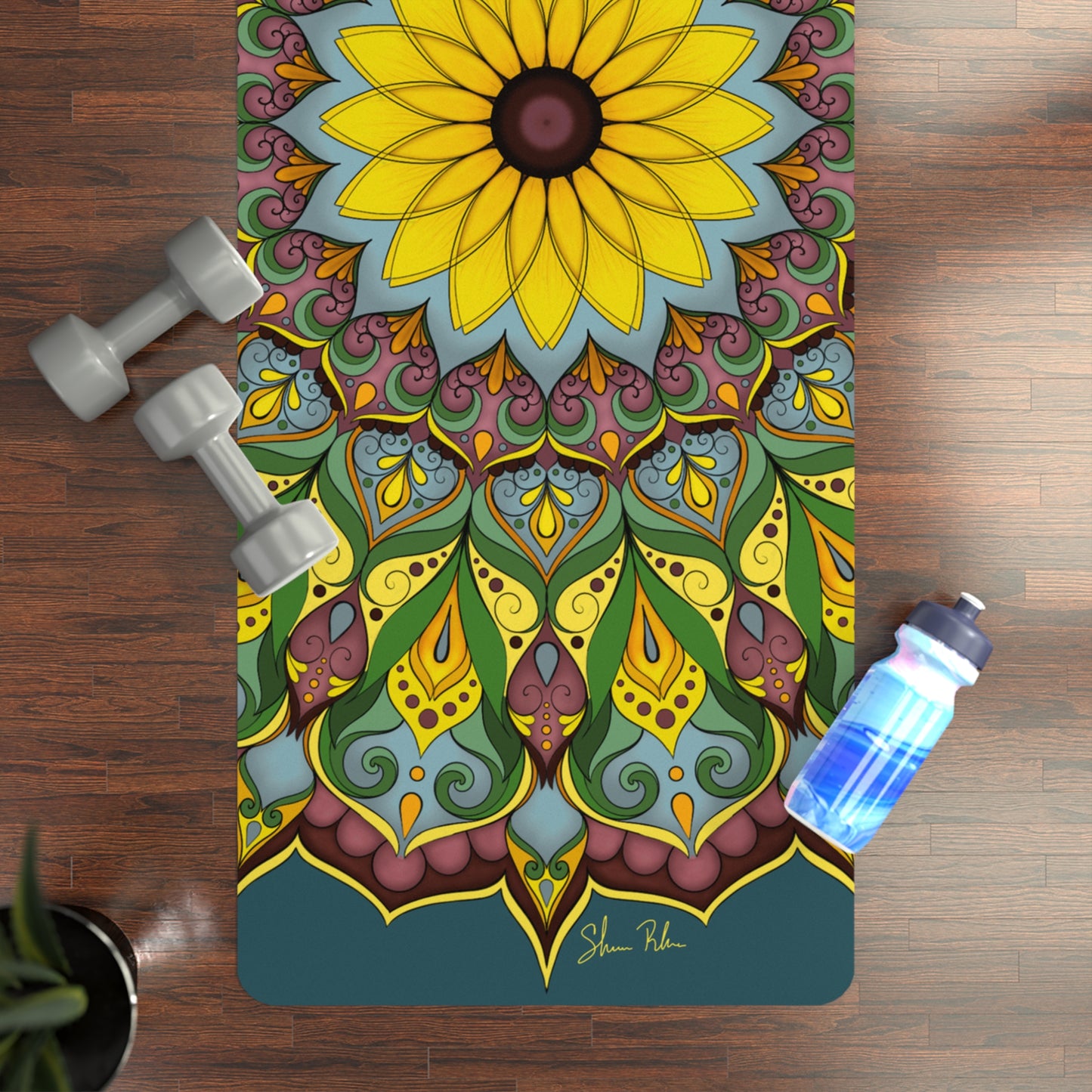 "Black Eyed Susan" Mandala Rubber Yoga Mat — Non-Slip Floral Meditation Mat