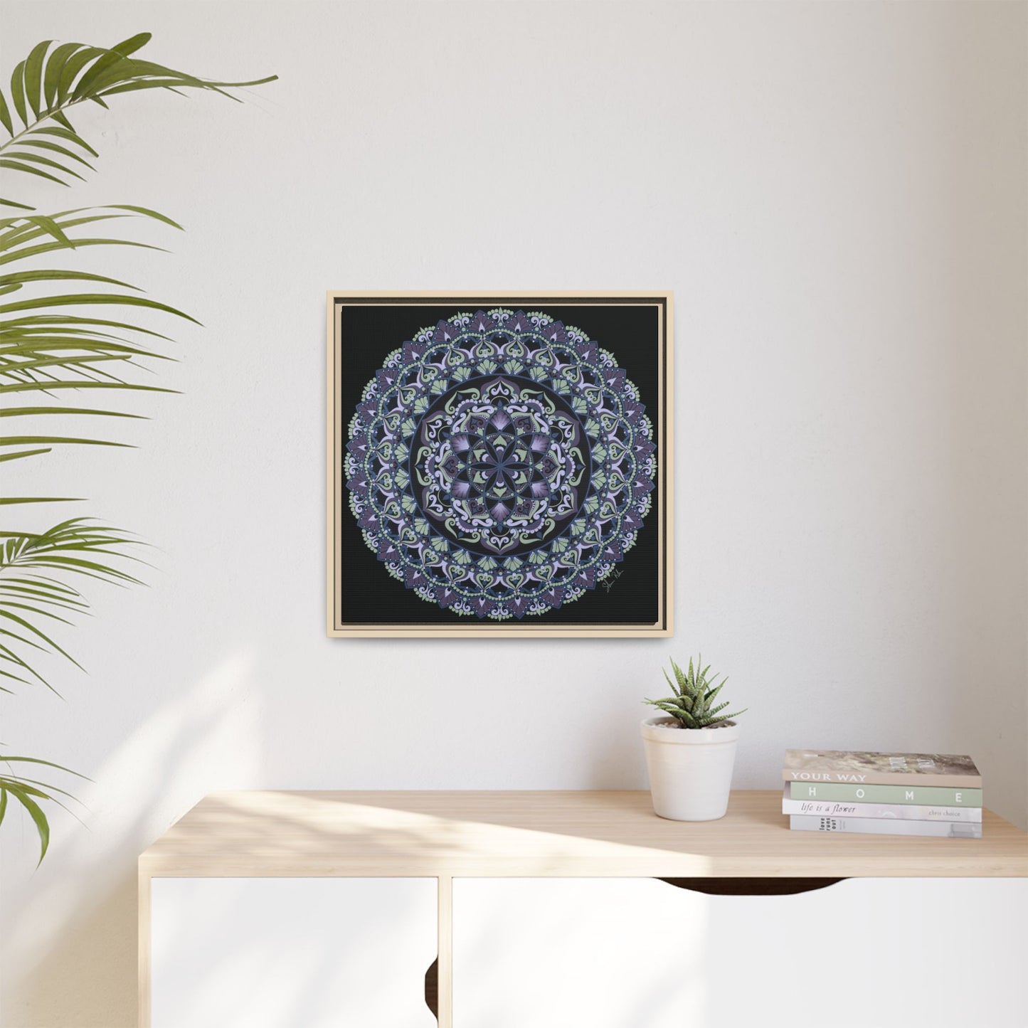 Framed "Wisteria Bloom" Mandala Wall Art — Purple Floral Geometric Canvas