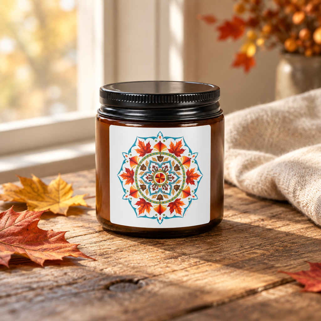 Amber jar Autumn Mandala candle on a rustic table with fall leaves