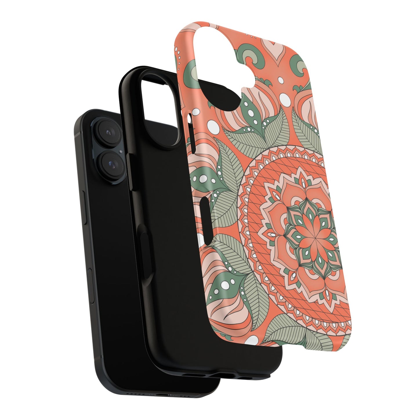 "Persimmon" Mandala Floral Phone Case — Boho Coral Green Protective Cover