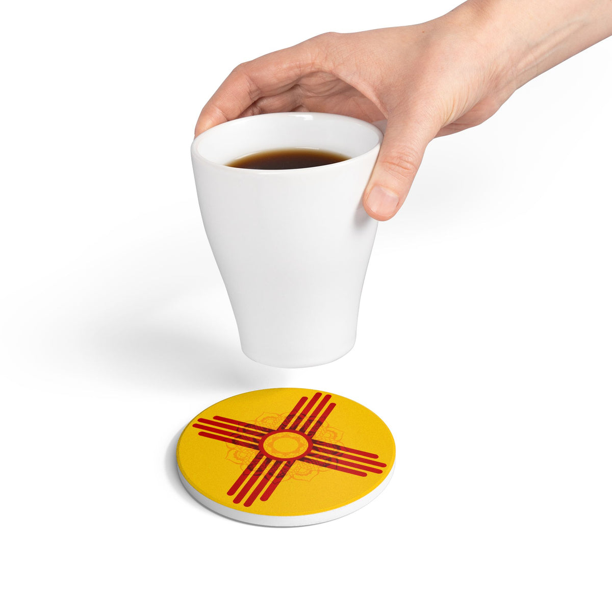 Zia Sun Ceramic Coaster — New Mexico Flag Symbol Yellow & Red Drink Mat