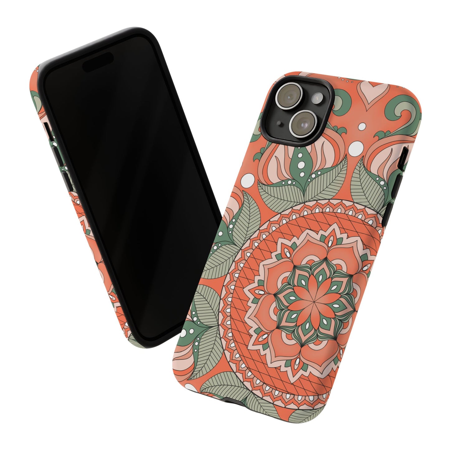 "Persimmon" Mandala Floral Phone Case — Boho Coral Green Protective Cover