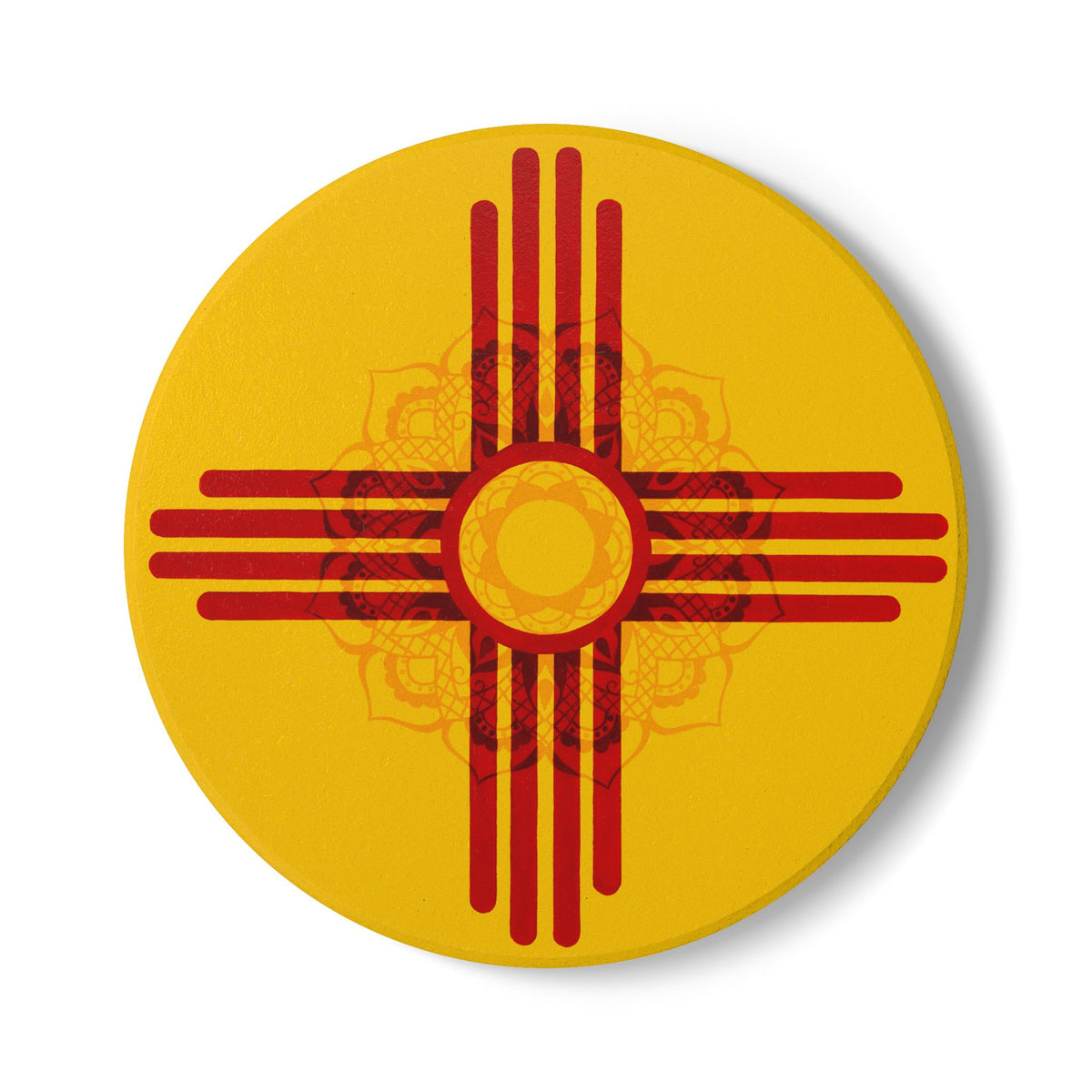 Zia Sun Ceramic Coaster — New Mexico Flag Symbol Yellow & Red Drink Mat