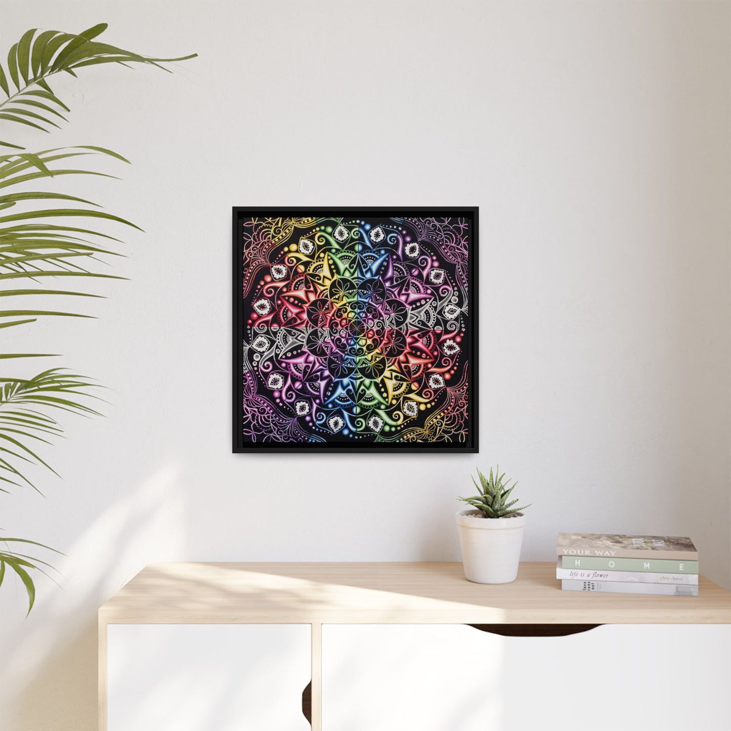 Rainbow Mandala Framed Canvas Art — Psychedelic Boho Wall Decor