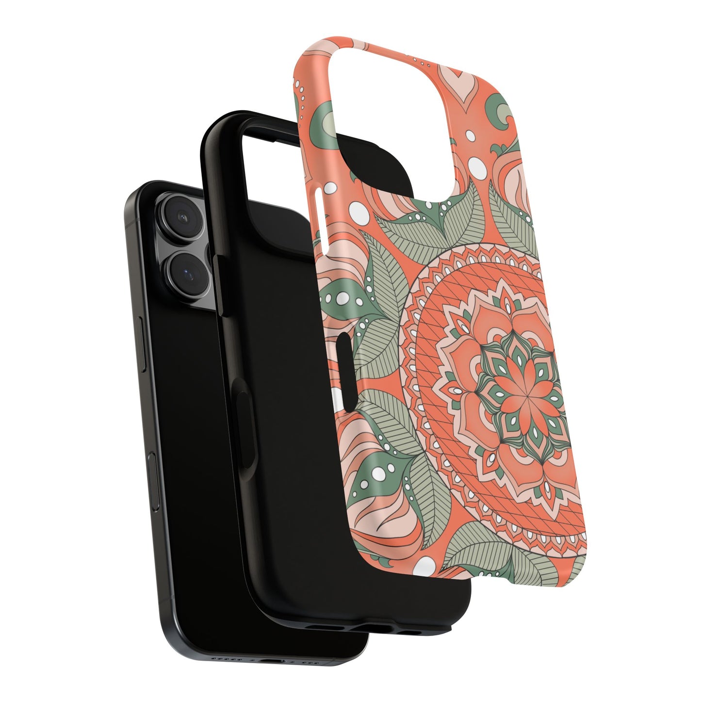 "Persimmon" Mandala Floral Phone Case — Boho Coral Green Protective Cover