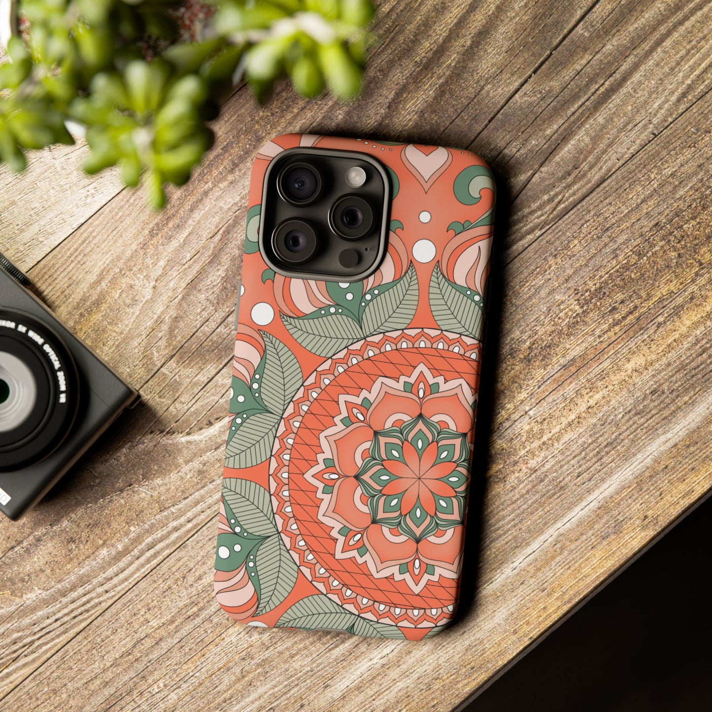 "Persimmon" Mandala Floral Phone Case — Boho Coral Green Protective Cover