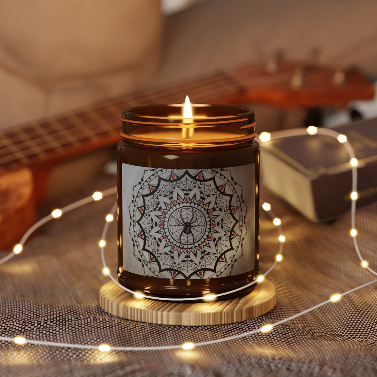 Spooky Spider Mandala Soy Candle in Amber Jar
