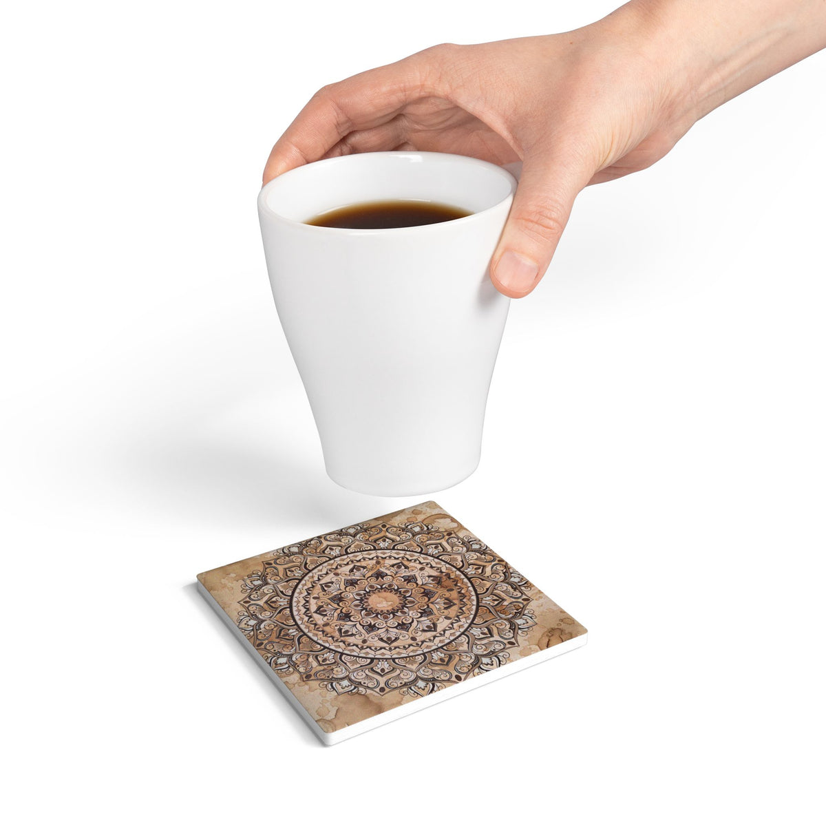 Espresso Beans Mandala Ceramic Coaster — Boho Coffee Lover Gift | Sepia Art Drink Coaster