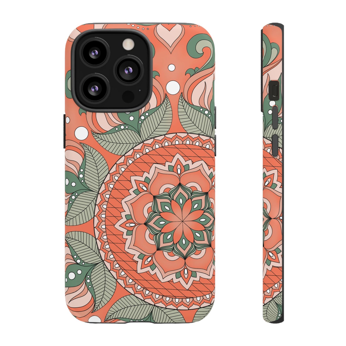 "Persimmon" Mandala Floral Phone Case — Boho Coral Green Protective Cover