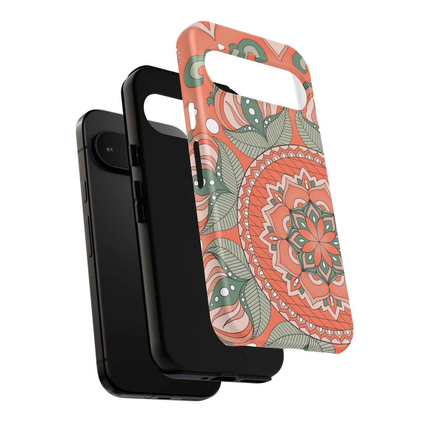 "Persimmon" Mandala Floral Phone Case — Boho Coral Green Protective Cover