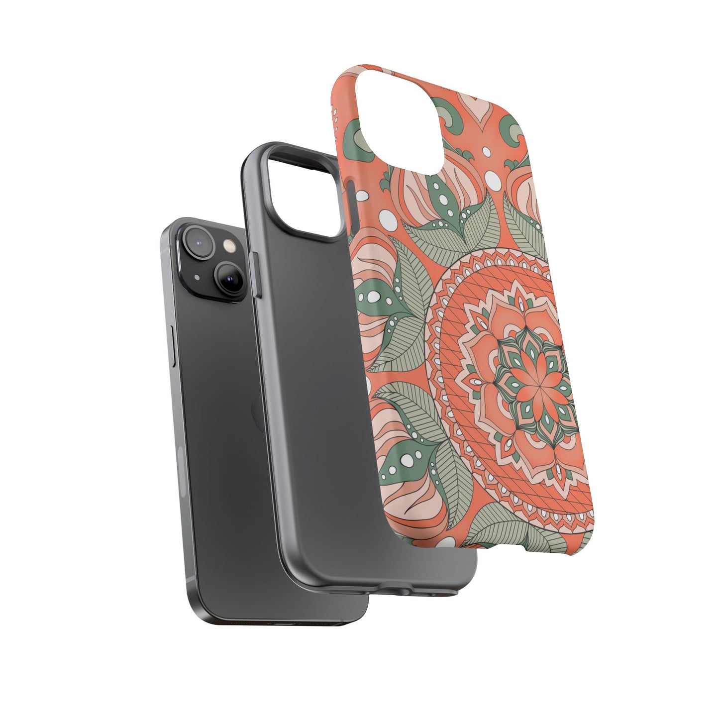 "Persimmon" Mandala Floral Phone Case — Boho Coral Green Protective Cover