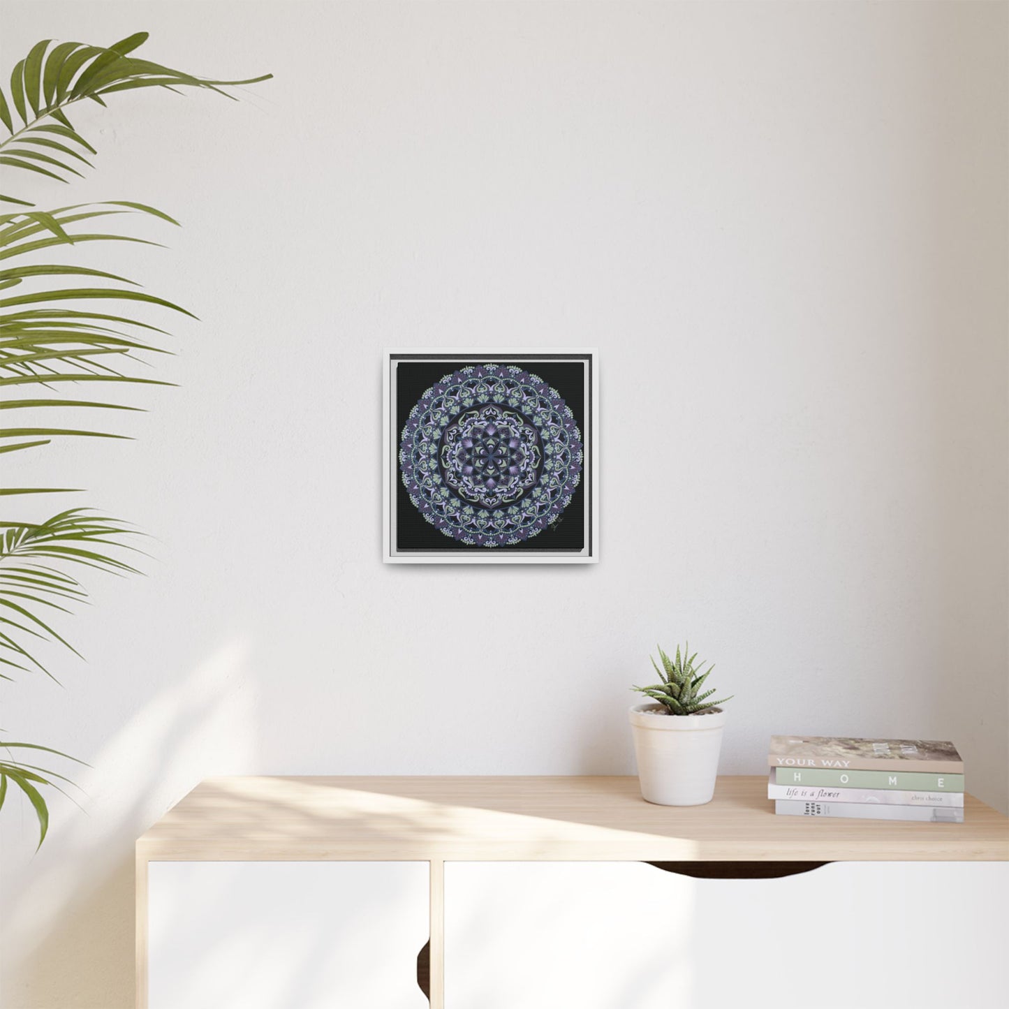 Framed "Wisteria Bloom" Mandala Wall Art — Purple Floral Geometric Canvas