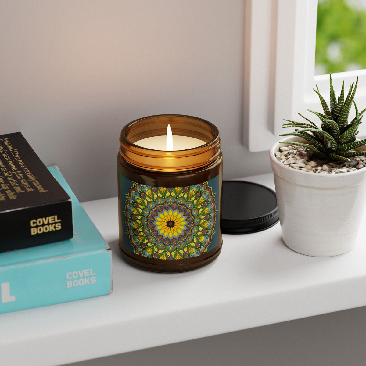 Sunflower Mandala Soy Candle in Amber Jar