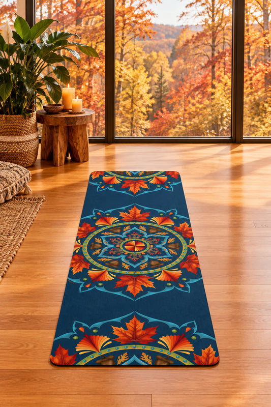 Autumn Mandala Rubber Yoga Mat — Non-Slip Fall Leaf Meditation Mat