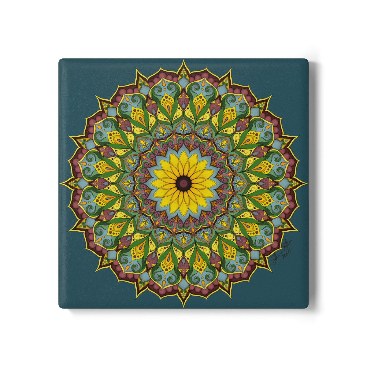 Sunflower Mandala Ceramic Coaster — Boho Floral Home Decor | Colorful Gift for Her