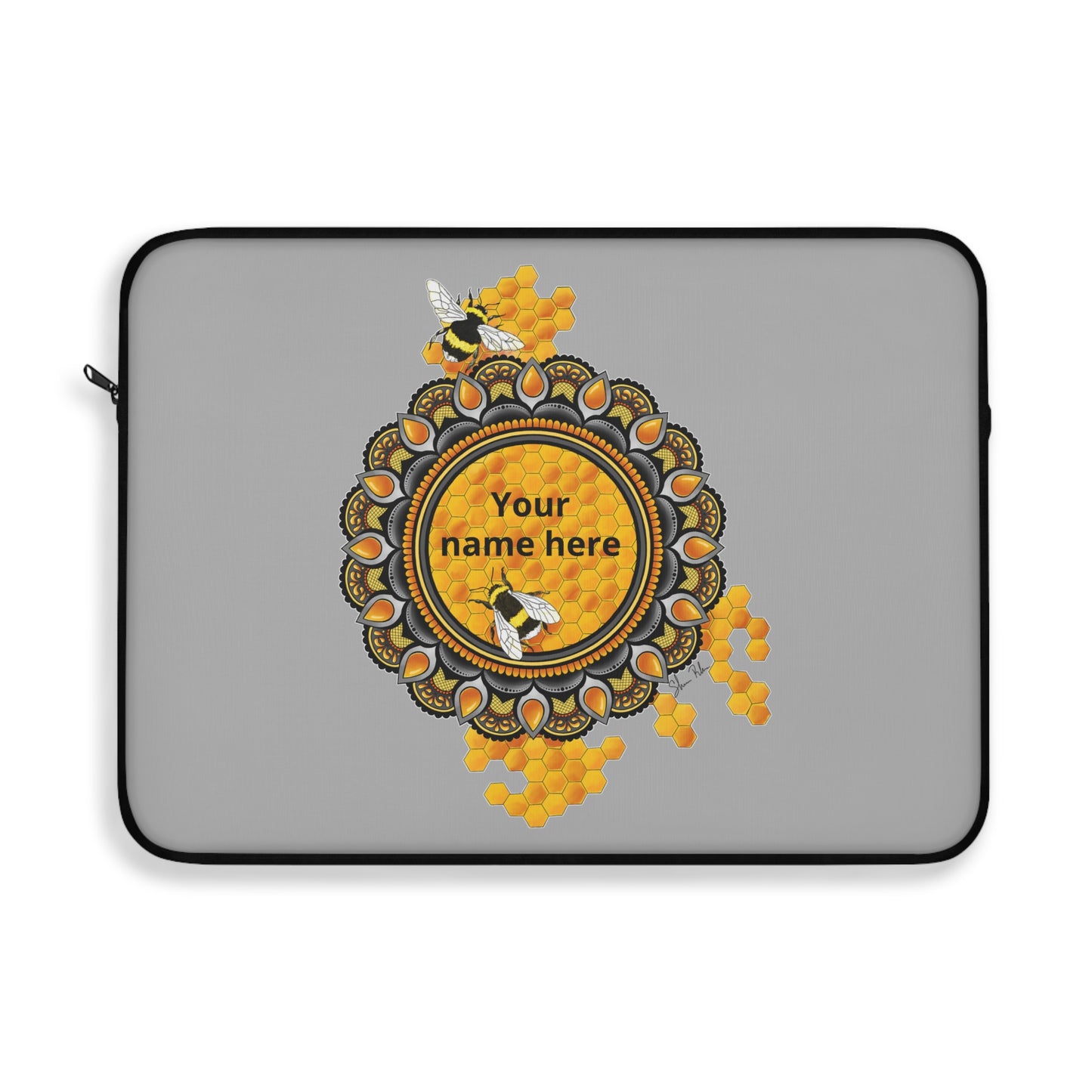Personalized Honeybee Laptop Sleeve — Custom Name Botanical Mandala Design