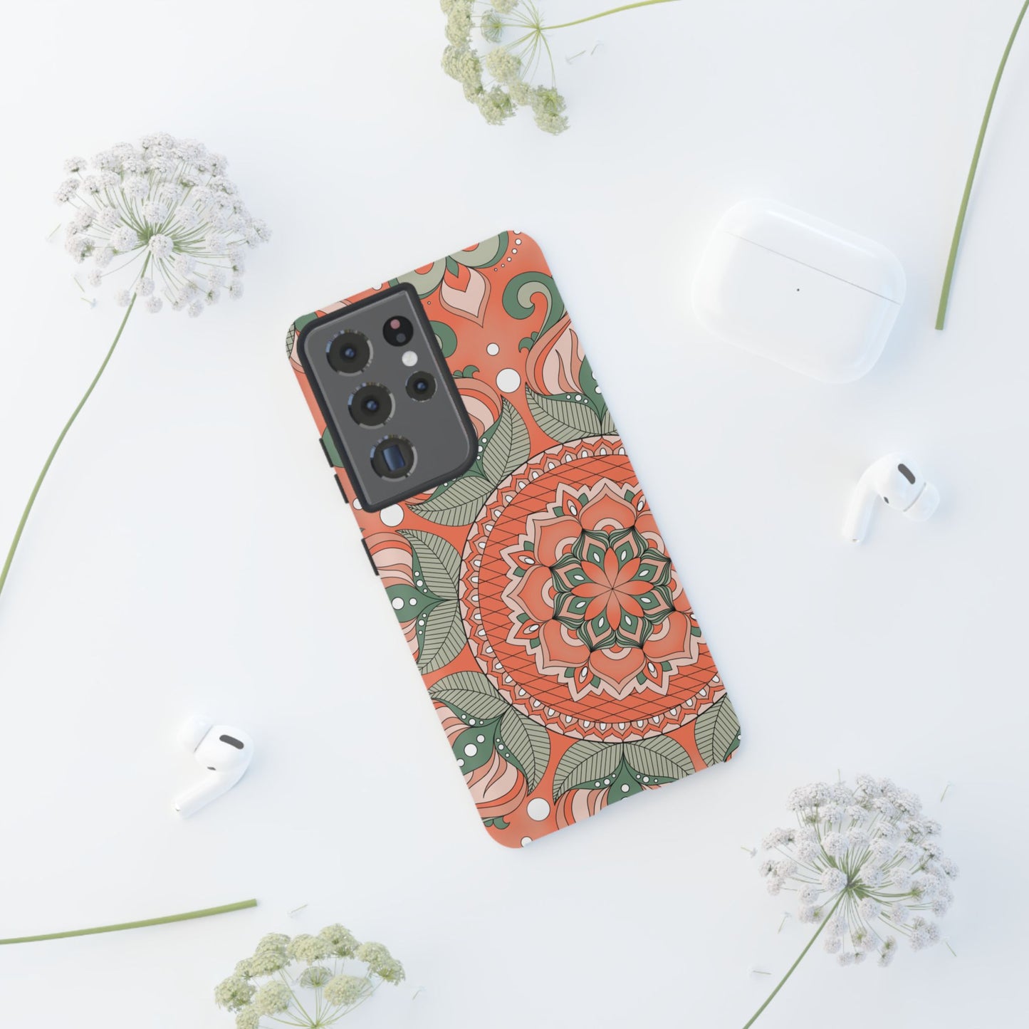 "Persimmon" Mandala Floral Phone Case — Boho Coral Green Protective Cover