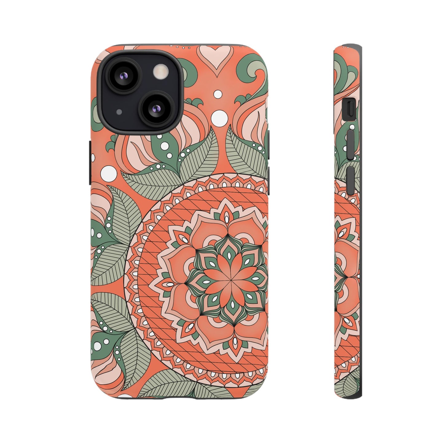 "Persimmon" Mandala Floral Phone Case — Boho Coral Green Protective Cover