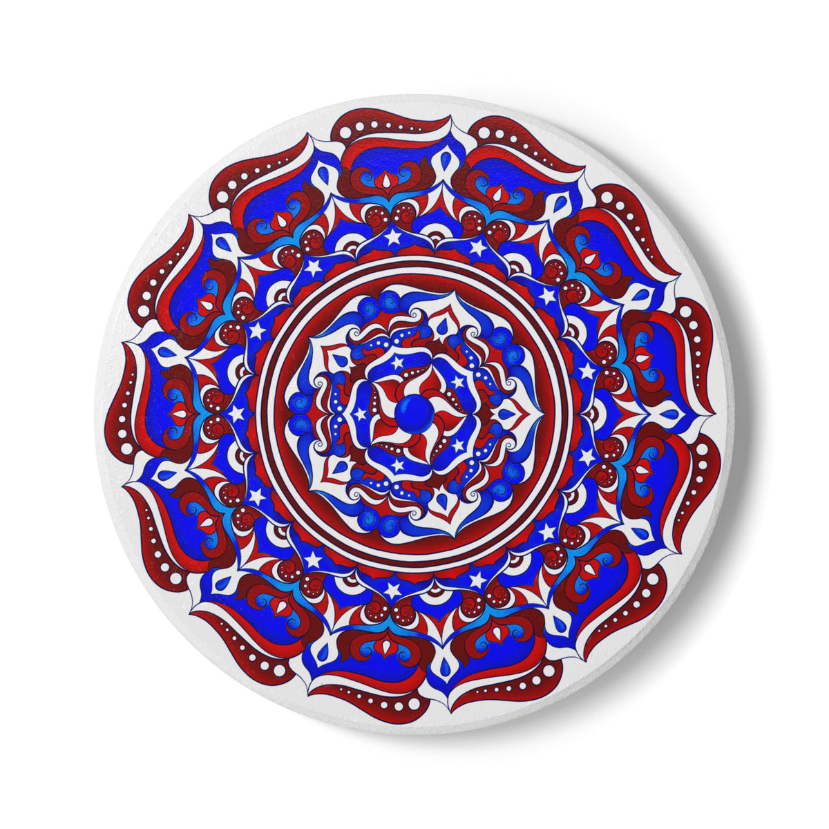 Patriotic Mandala Ceramic Coaster — Red White & Blue Boho Home Decor | 250th Anniversary Gift