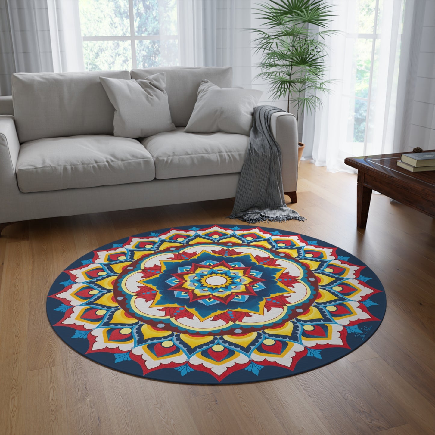 "Azul Morning" Boho Mandala Round Rug – Colorful Meditation Floor Mat