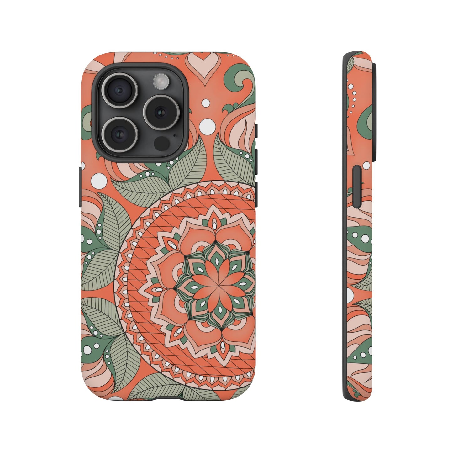 "Persimmon" Mandala Floral Phone Case — Boho Coral Green Protective Cover