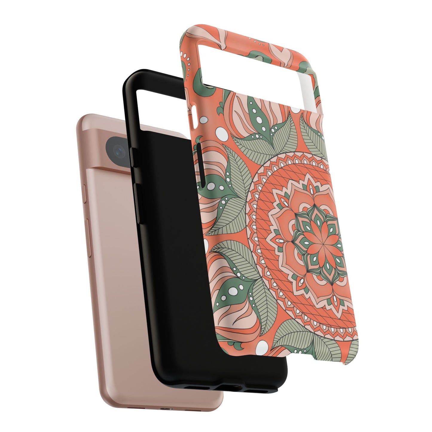"Persimmon" Mandala Floral Phone Case — Boho Coral Green Protective Cover