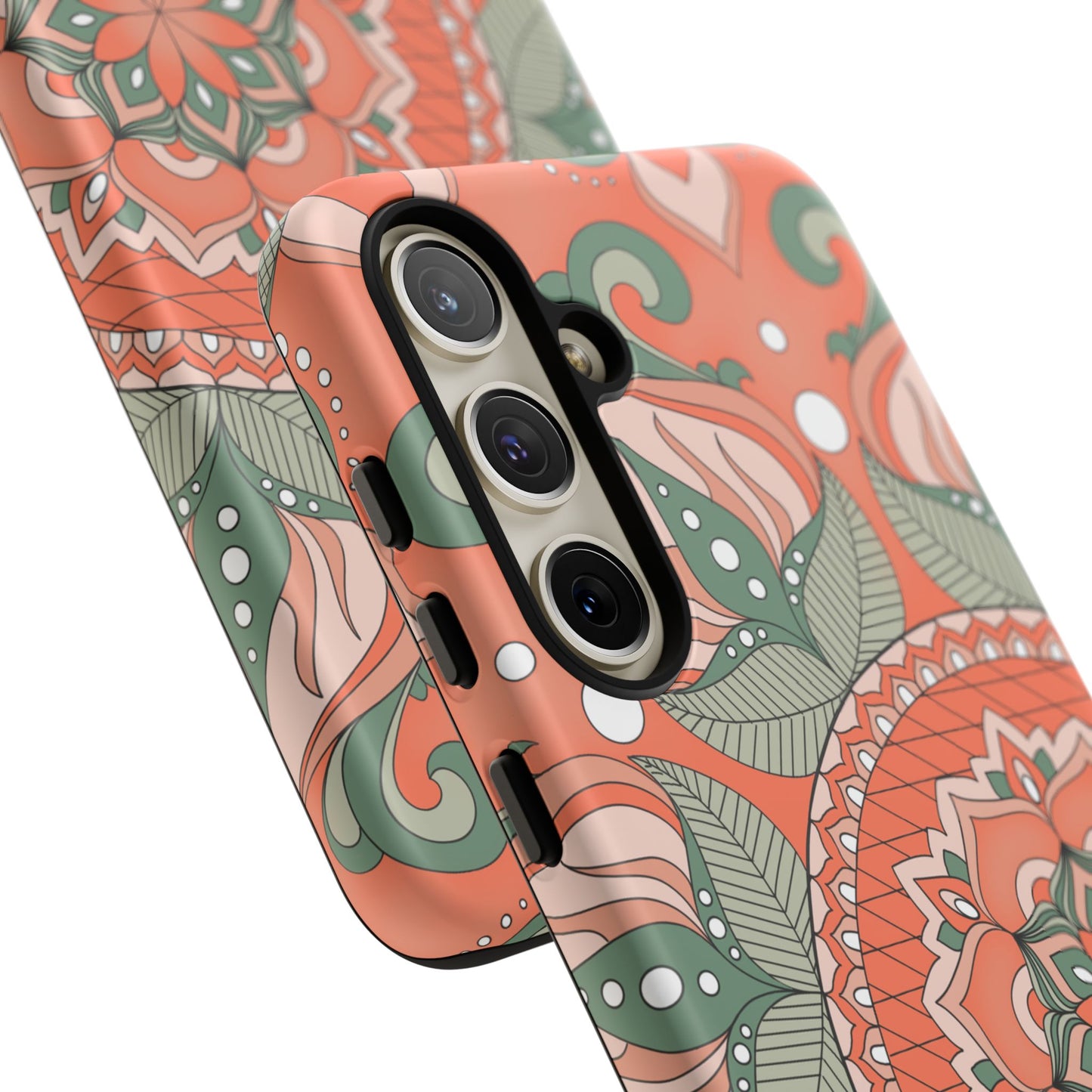 "Persimmon" Mandala Floral Phone Case — Boho Coral Green Protective Cover