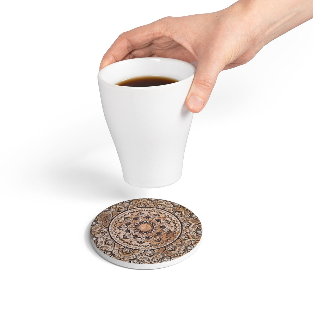 Espresso Beans Mandala Ceramic Coaster — Boho Coffee Lover Gift | Sepia Art Drink Coaster