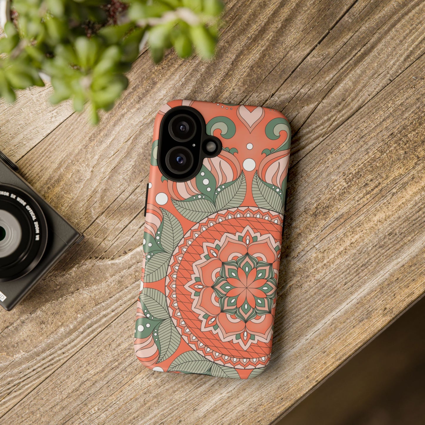 "Persimmon" Mandala Floral Phone Case — Boho Coral Green Protective Cover