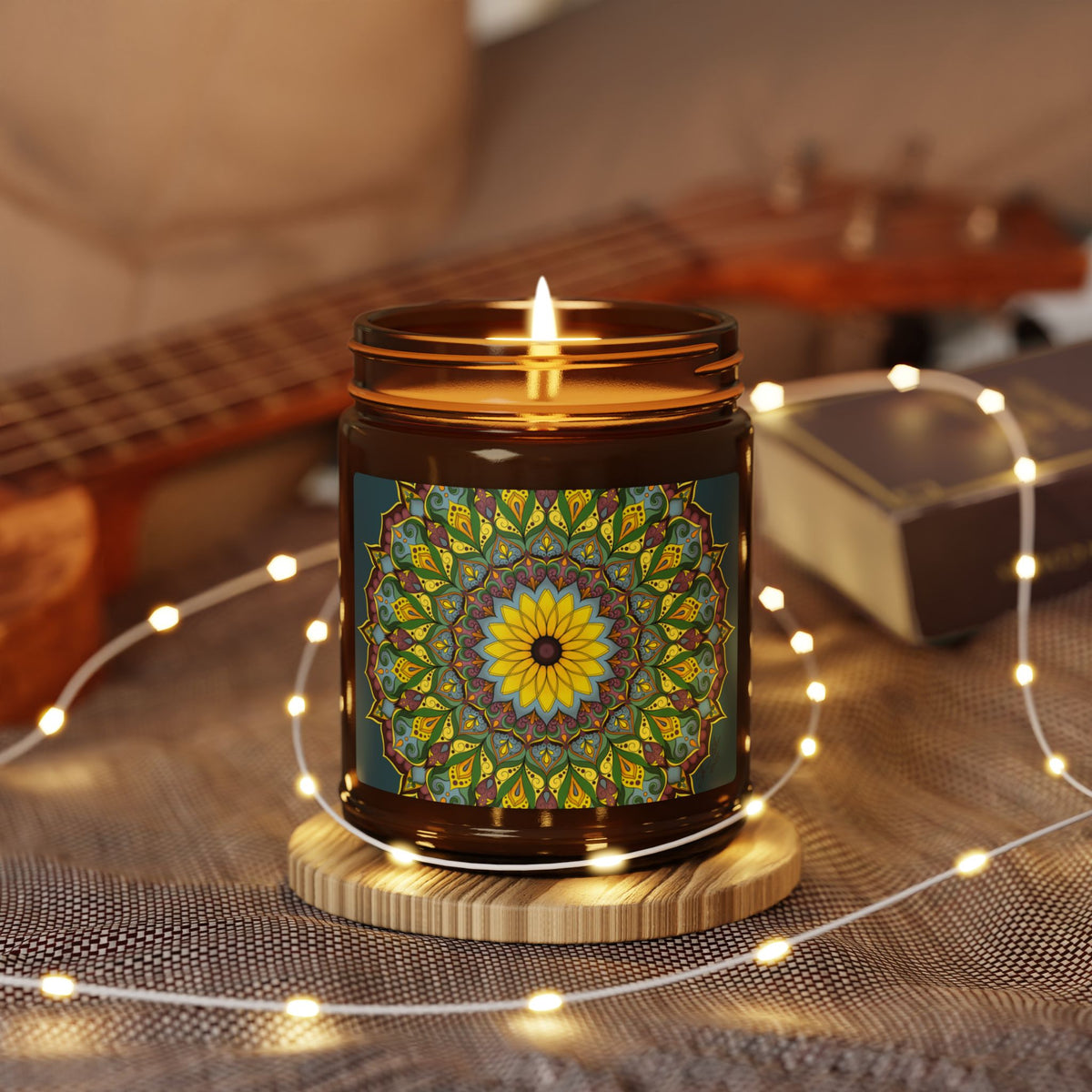Sunflower Mandala Soy Candle in Amber Jar