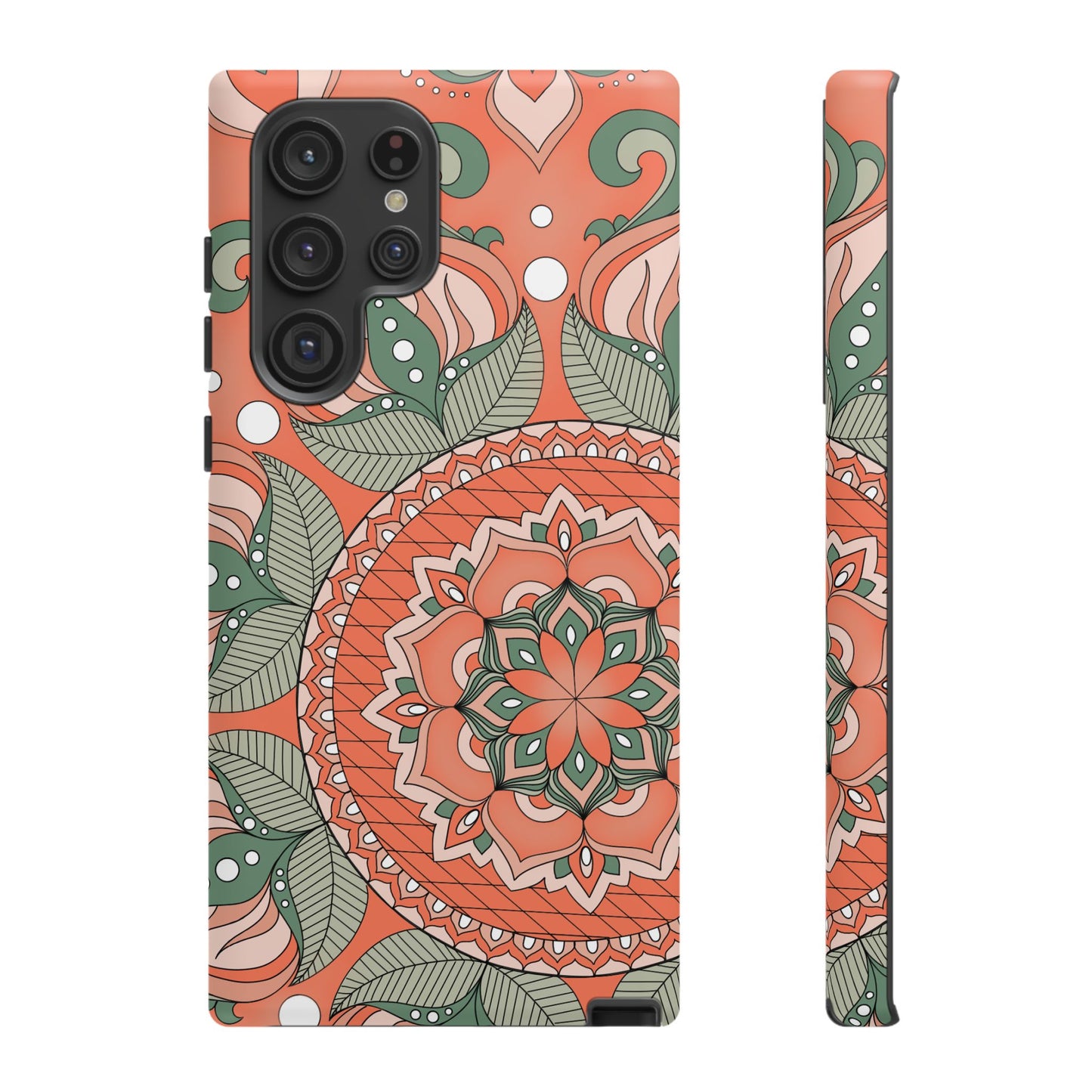 "Persimmon" Mandala Floral Phone Case — Boho Coral Green Protective Cover