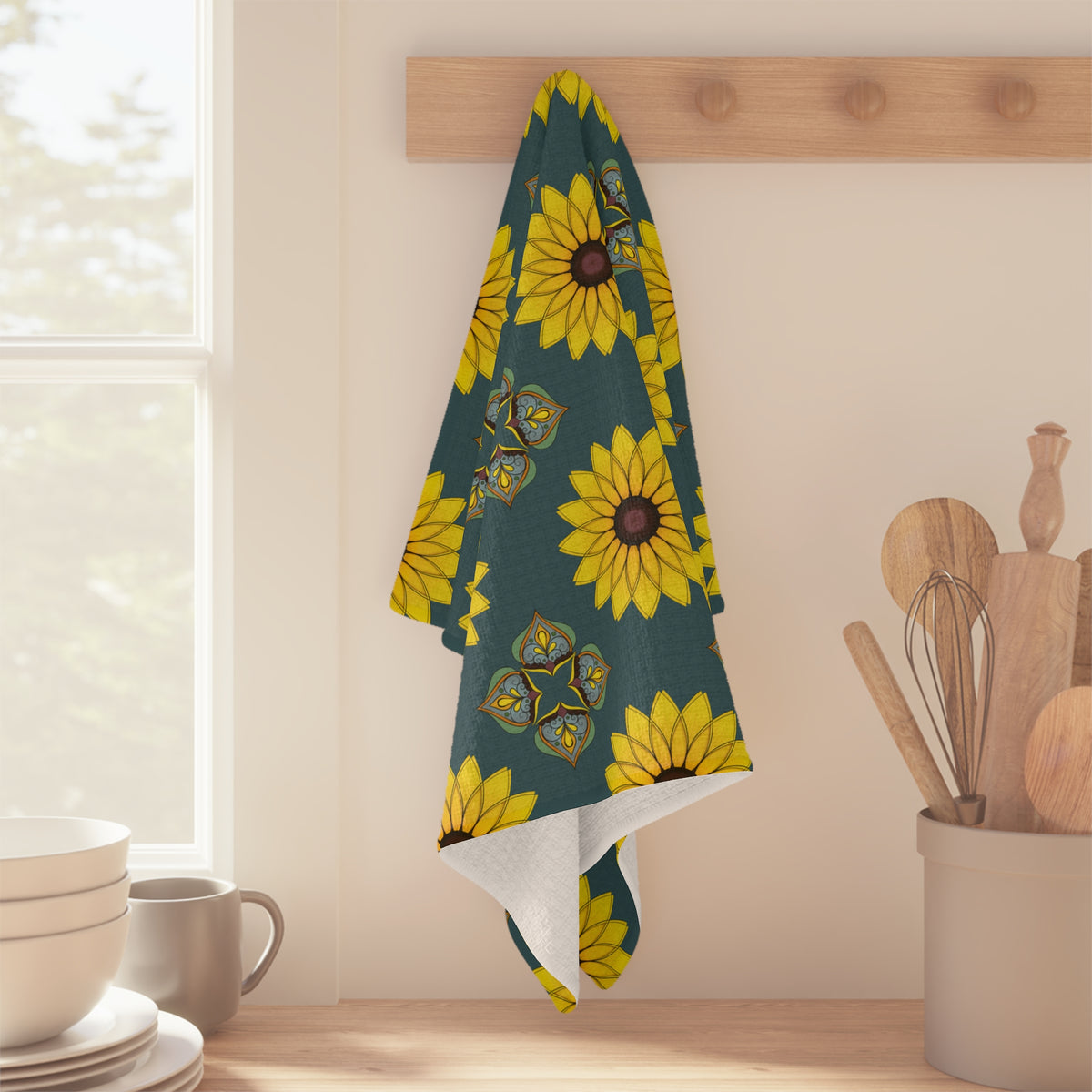 Sunflower Mandala Microfiber Tea Towel — Bright Floral Boho Kitchen Towel | Cheerful Home Gift