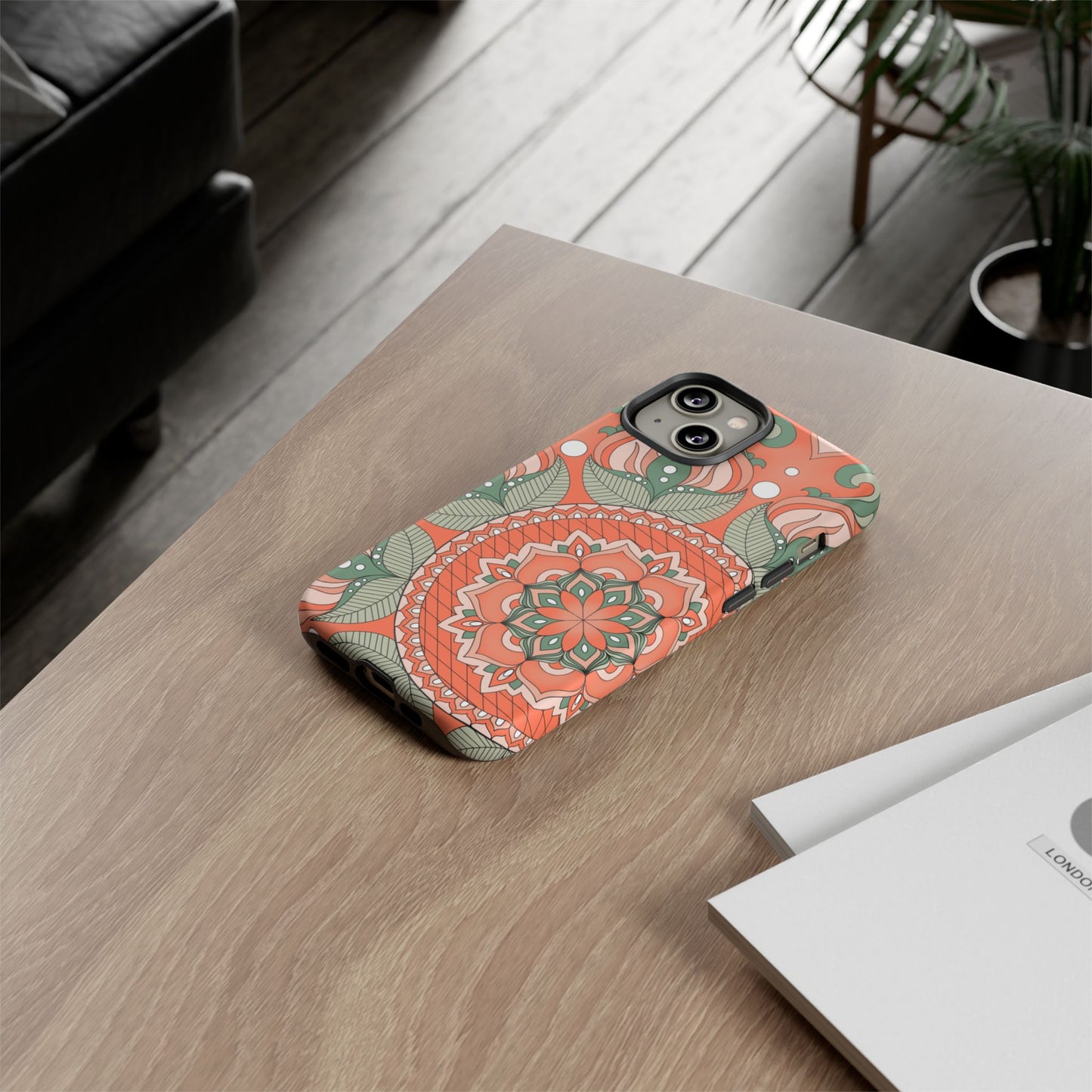 "Persimmon" Mandala Floral Phone Case — Boho Coral Green Protective Cover