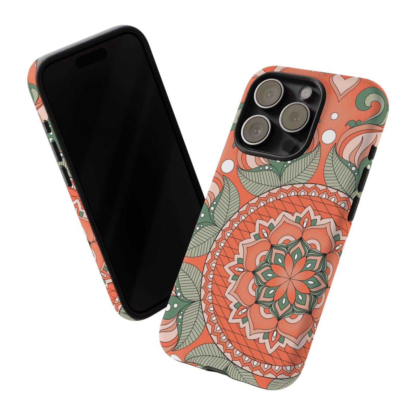 "Persimmon" Mandala Floral Phone Case — Boho Coral Green Protective Cover