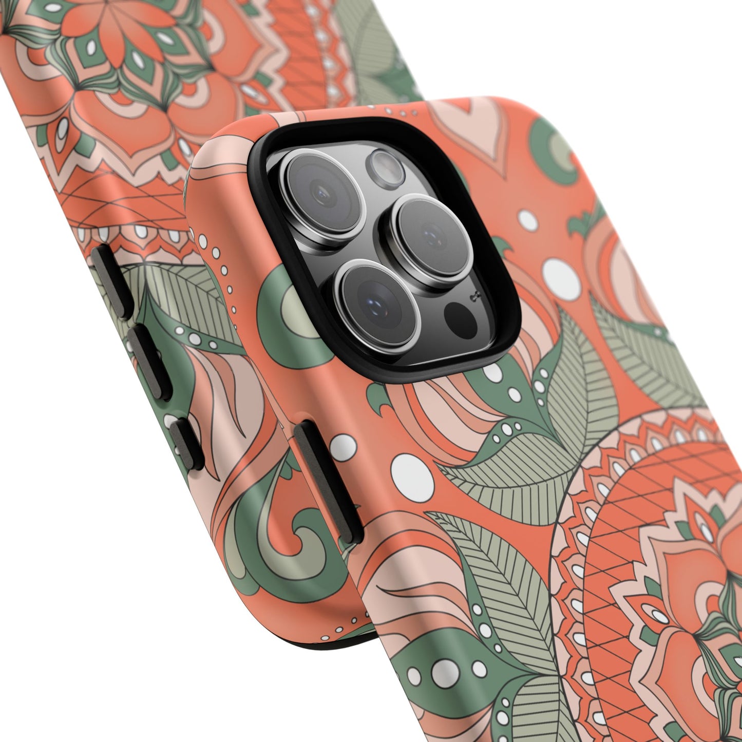 "Persimmon" Mandala Floral Phone Case — Boho Coral Green Protective Cover