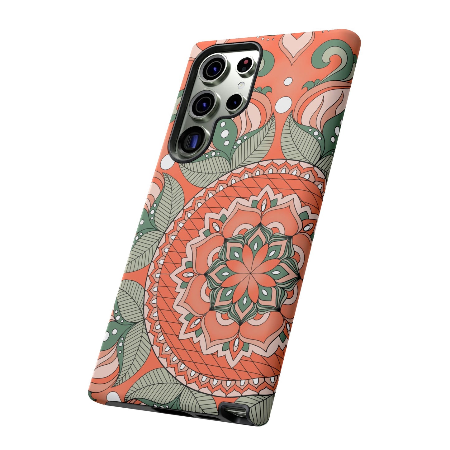 "Persimmon" Mandala Floral Phone Case — Boho Coral Green Protective Cover