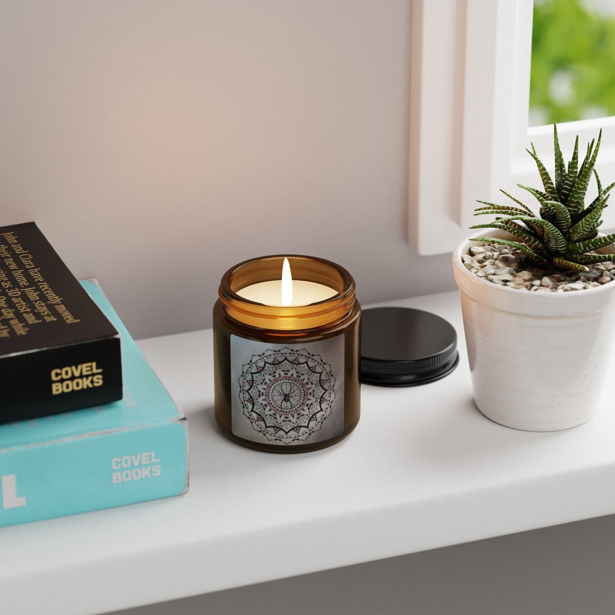 Spooky Spider Mandala Soy Candle in Amber Jar