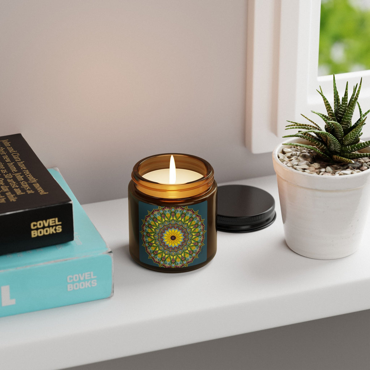 Sunflower Mandala Soy Candle in Amber Jar