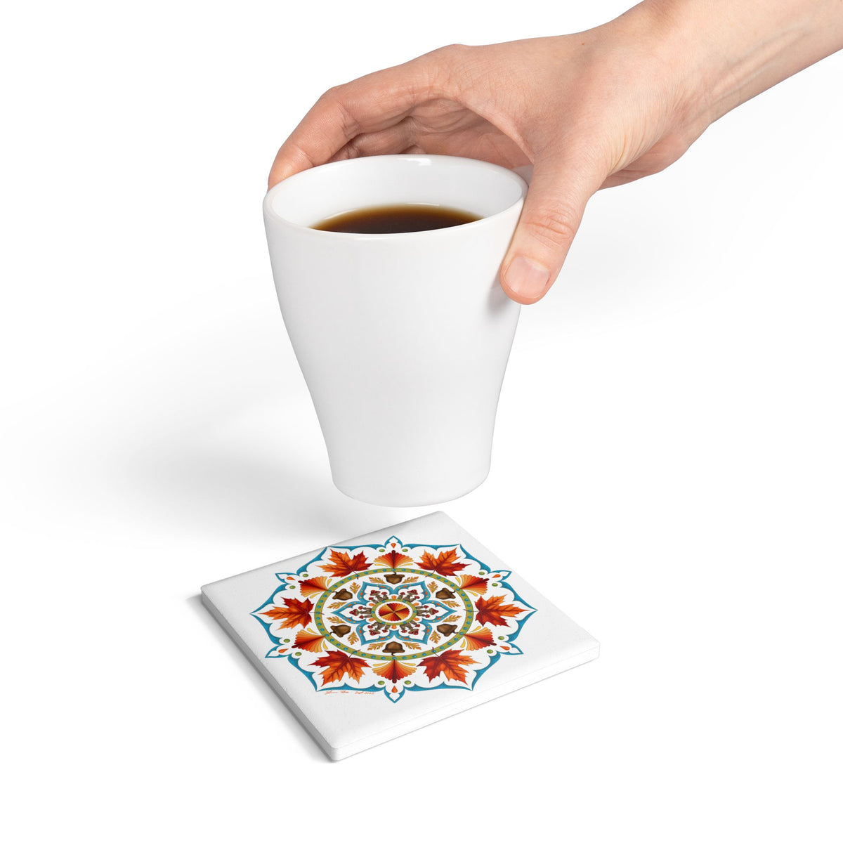Autumn Mandala Ceramic Coaster — Fall Leaves & Acorns Boho Home Decor Gift