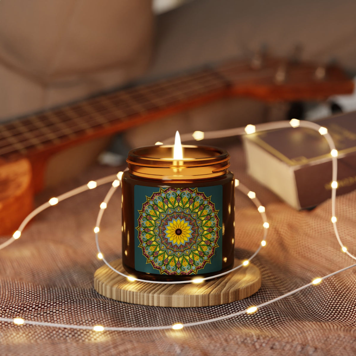 Sunflower Mandala Soy Candle in Amber Jar