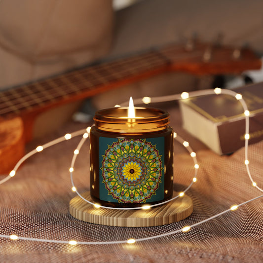 Sunflower Mandala Soy Candle in Amber Jar