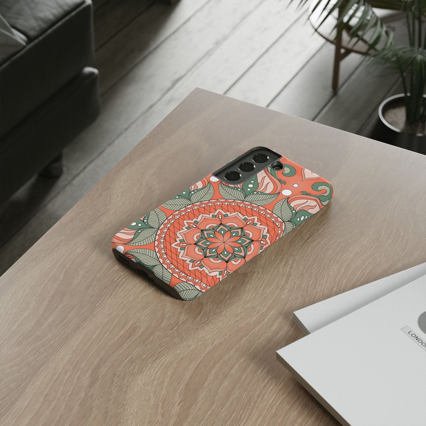 "Persimmon" Mandala Floral Phone Case — Boho Coral Green Protective Cover