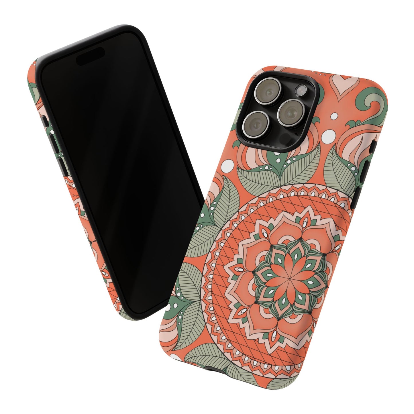 "Persimmon" Mandala Floral Phone Case — Boho Coral Green Protective Cover