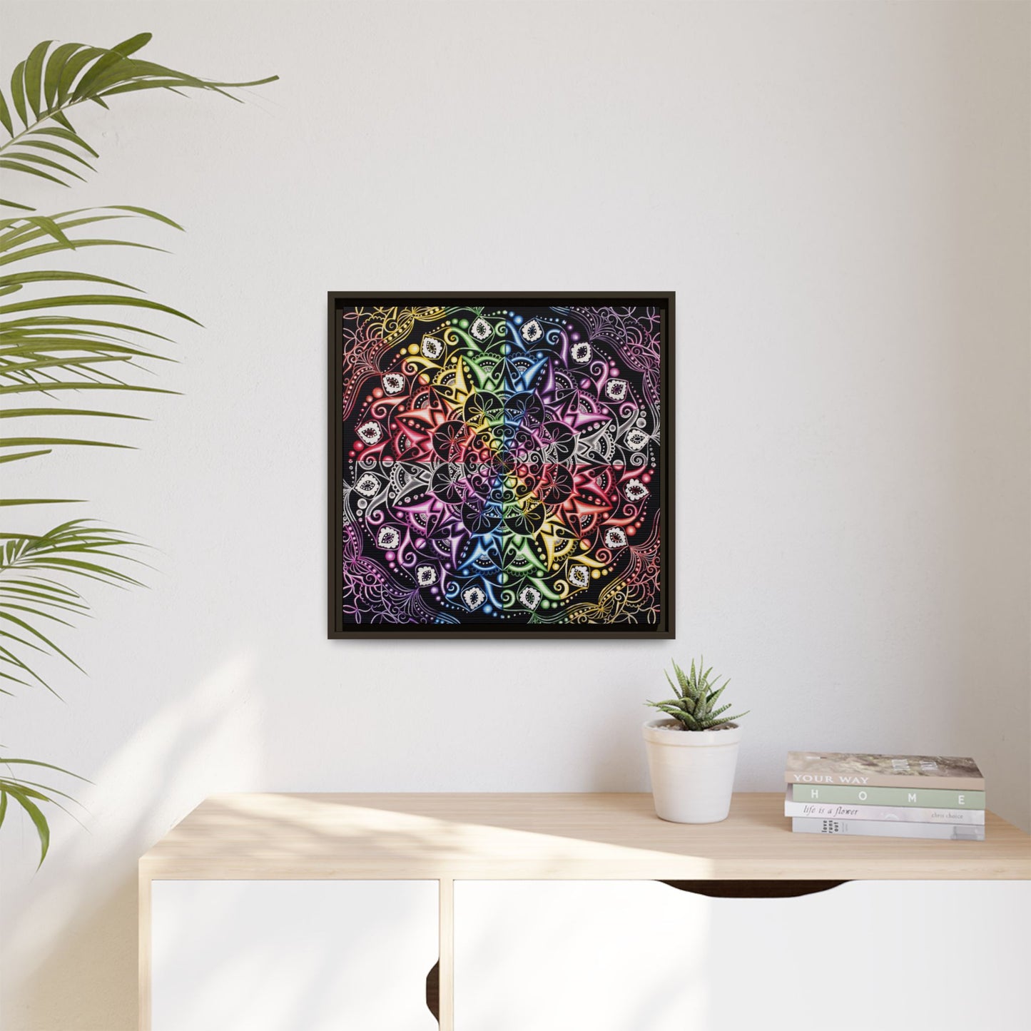 Rainbow Mandala Framed Canvas Art — Psychedelic Boho Wall Decor