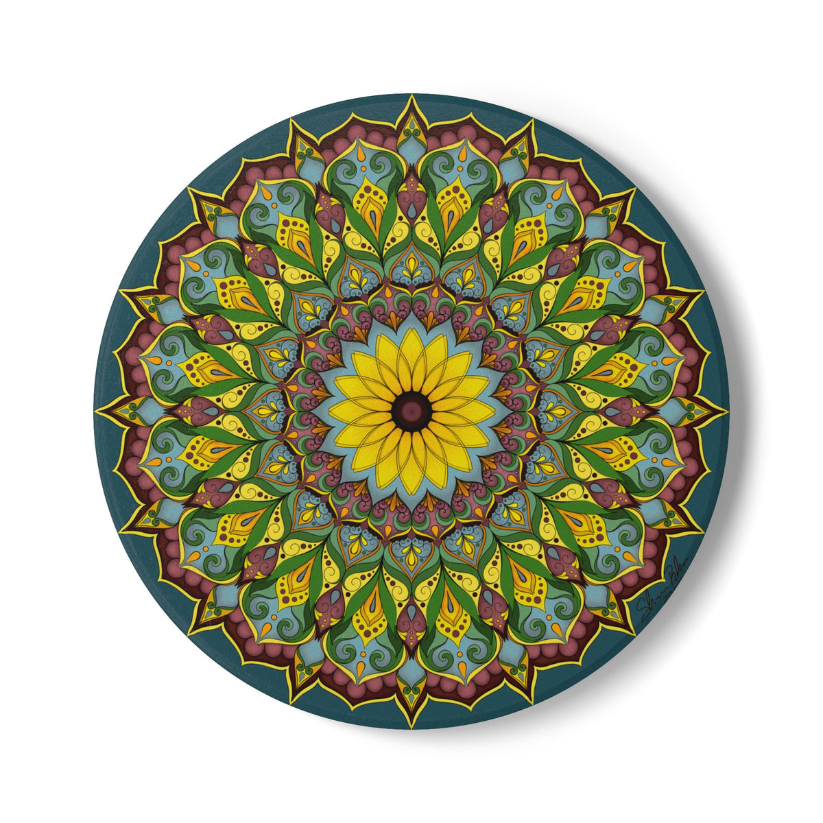 Sunflower Mandala Ceramic Coaster — Boho Floral Home Decor | Colorful Gift for Her
